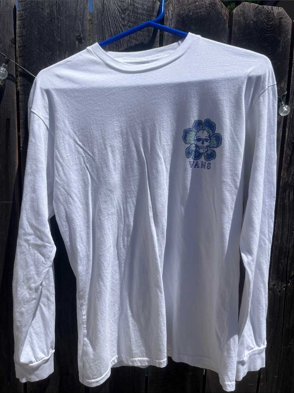 Vans White Long-Sleeve Tee with Blue Floral Skull Graphic